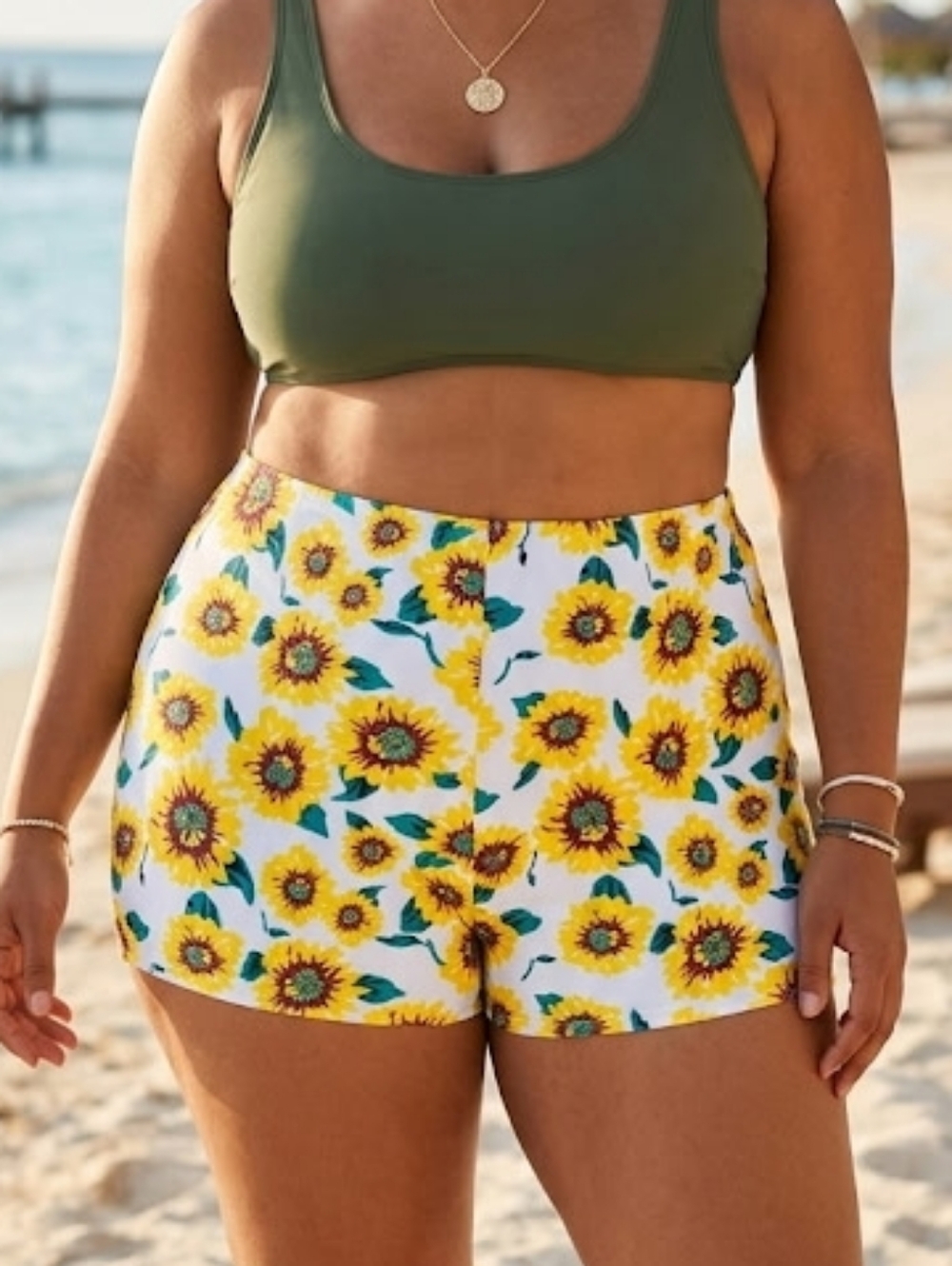 Swim Shorts 22W Booty Swimsuit Yelllow Sunflowers High Waisted Bottoms Plus Size